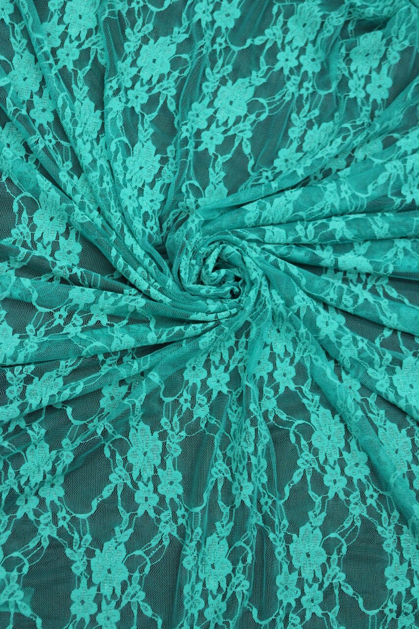 1 Yard Jade Green Floral Stretch Lace Fabric 4-Way Sheer Shimmery Vintage Look 58/60″ Wide